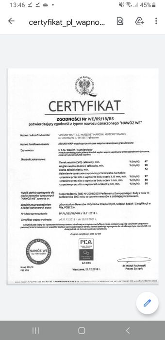 Wapno nawozowe granulowane, magnezowe  węglanowe  kreda