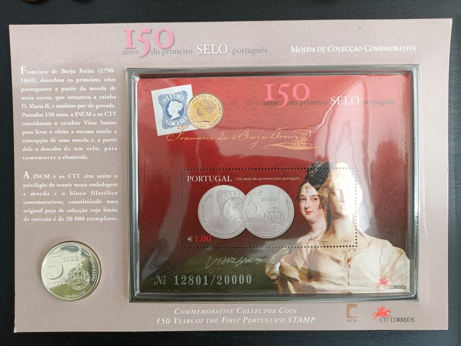 150 Anos do primeiro selo Português com Moeda 5Eur e selo 1Eur
Moeda