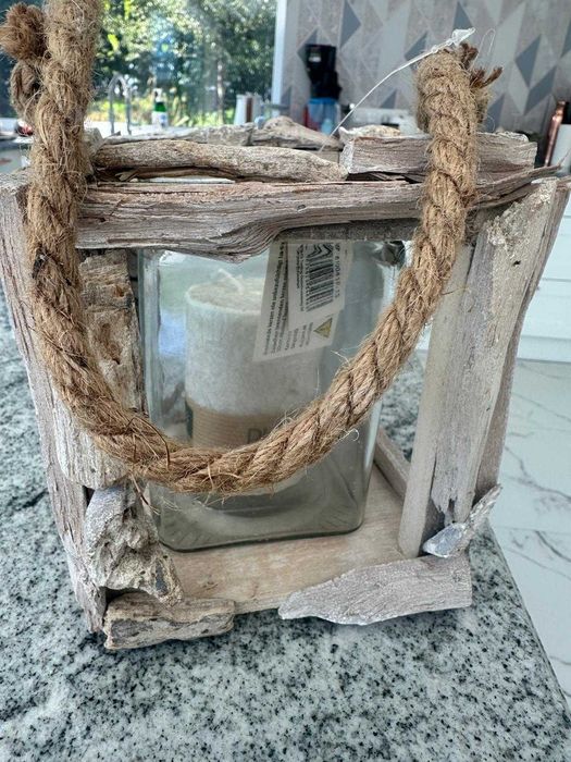 Lampion na świecę świecznik wiszący drewniany szkło NOWY!