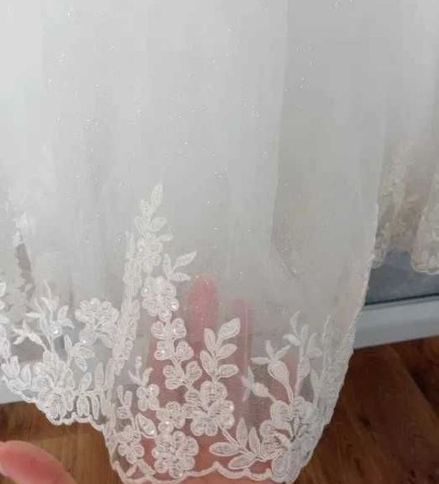 Suknia ślubna z brokatem ecru (krótki welon, szal/bolerko) roz 36/38