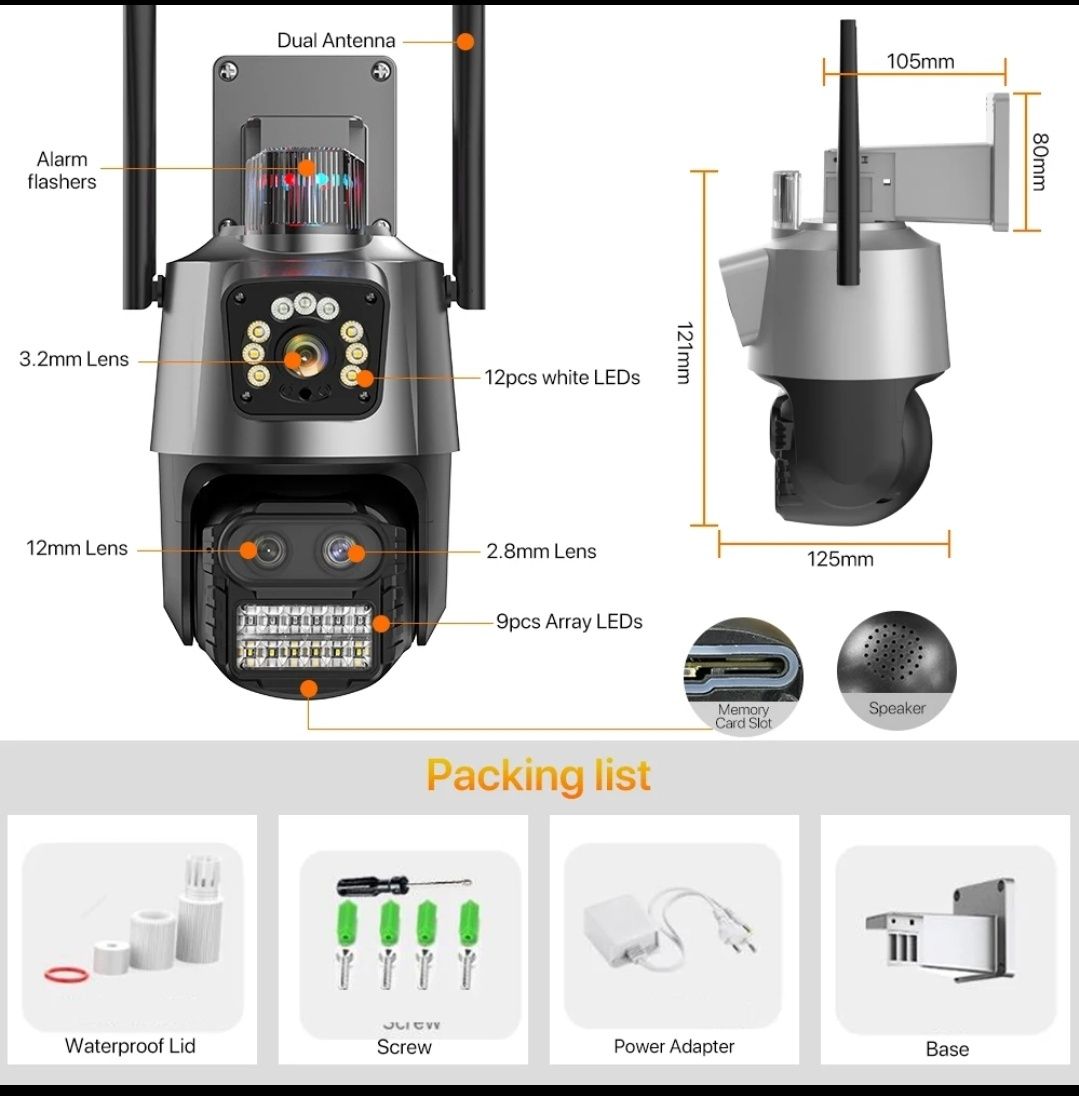 Kamera obrotowa zewnętrzna 3 obiektywy! 9MP Monitoring Alarm Okazja!