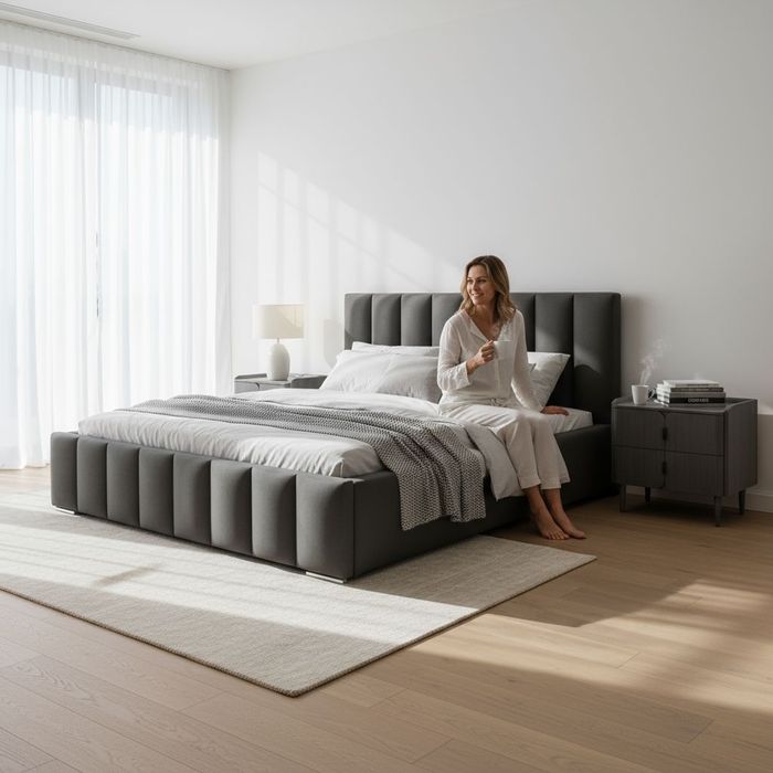 Łóżko tapicerowane Serenity z pojemnikiem na pościel stelaż metalowy