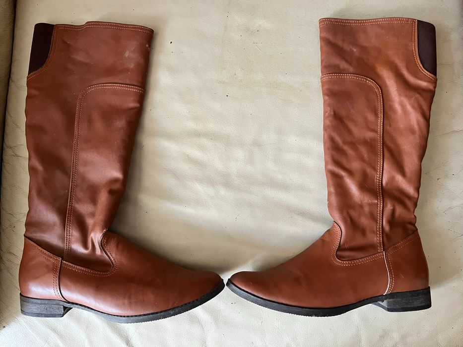 TANIO brązowe, ocieplane futerkiem, długie kozaki muszkieterki