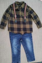 Zestaw chłopięcy koszula jeansy szelki r.86