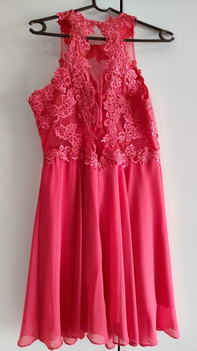 Sukienka koral, czarna, neon pomarańczowy i neon różowy