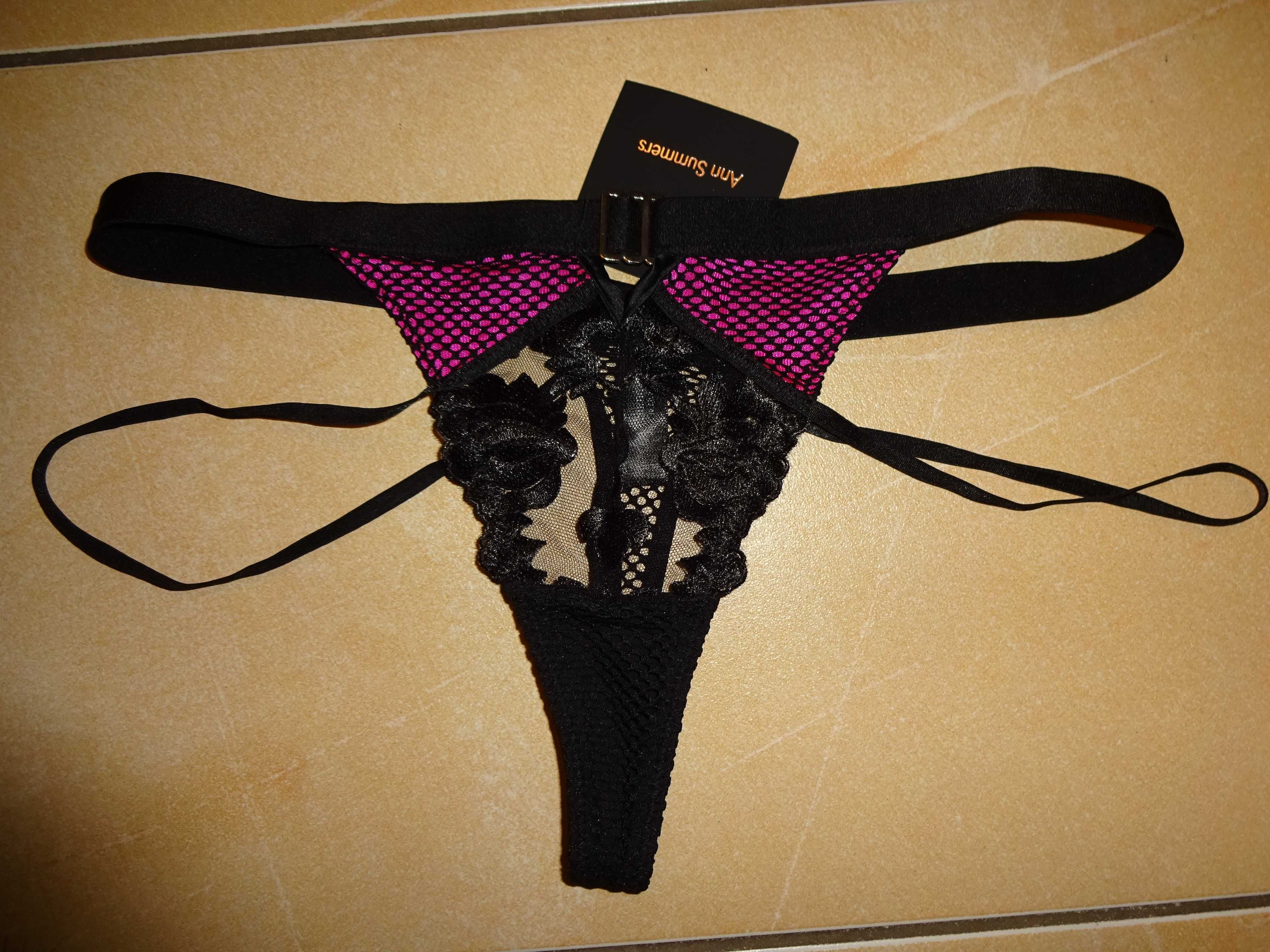 Ann Summers Vivienne thong LUX czarne różowe stringi paski OKAZJA r 36