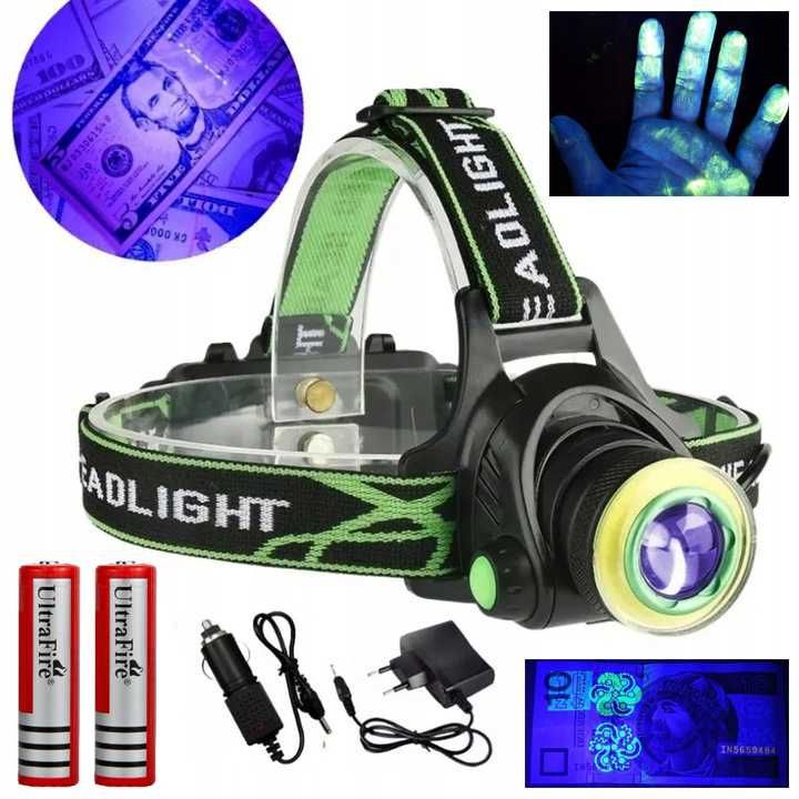 Latarka czołowa biała UV ZOOM ładowana 2 x OGNIWO ultrafiolet LED LC7