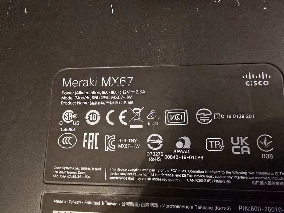 Router Cisco Meraki MX67 HW + kable + zasilacz