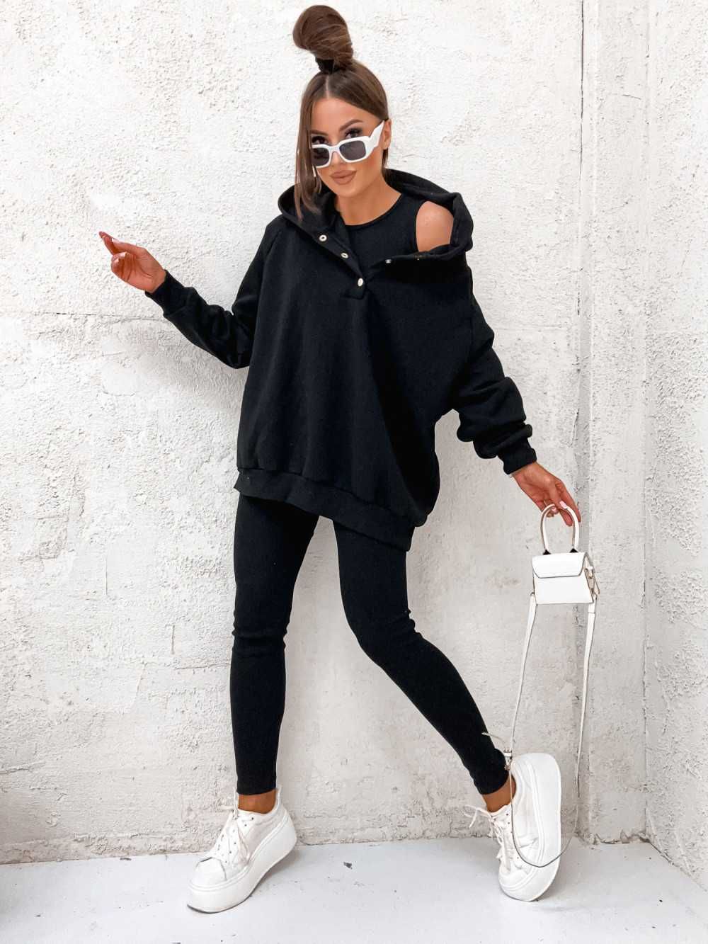 Komplet 3 częściowy dresowy damski czarny legginsy + bluza + top UNI