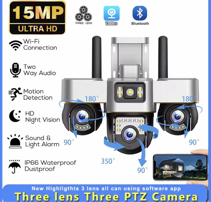Камера V380Pro 3 екрани WiFi IP камера 15MP ВУЛИЧНА 3штPTZ відеокамера