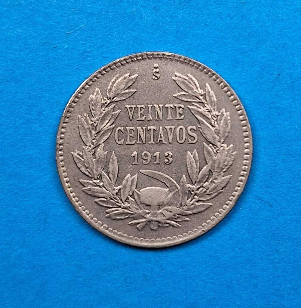 Chile 20 centavo rok 1913, bardzo dobry stan, srebro 0,400
