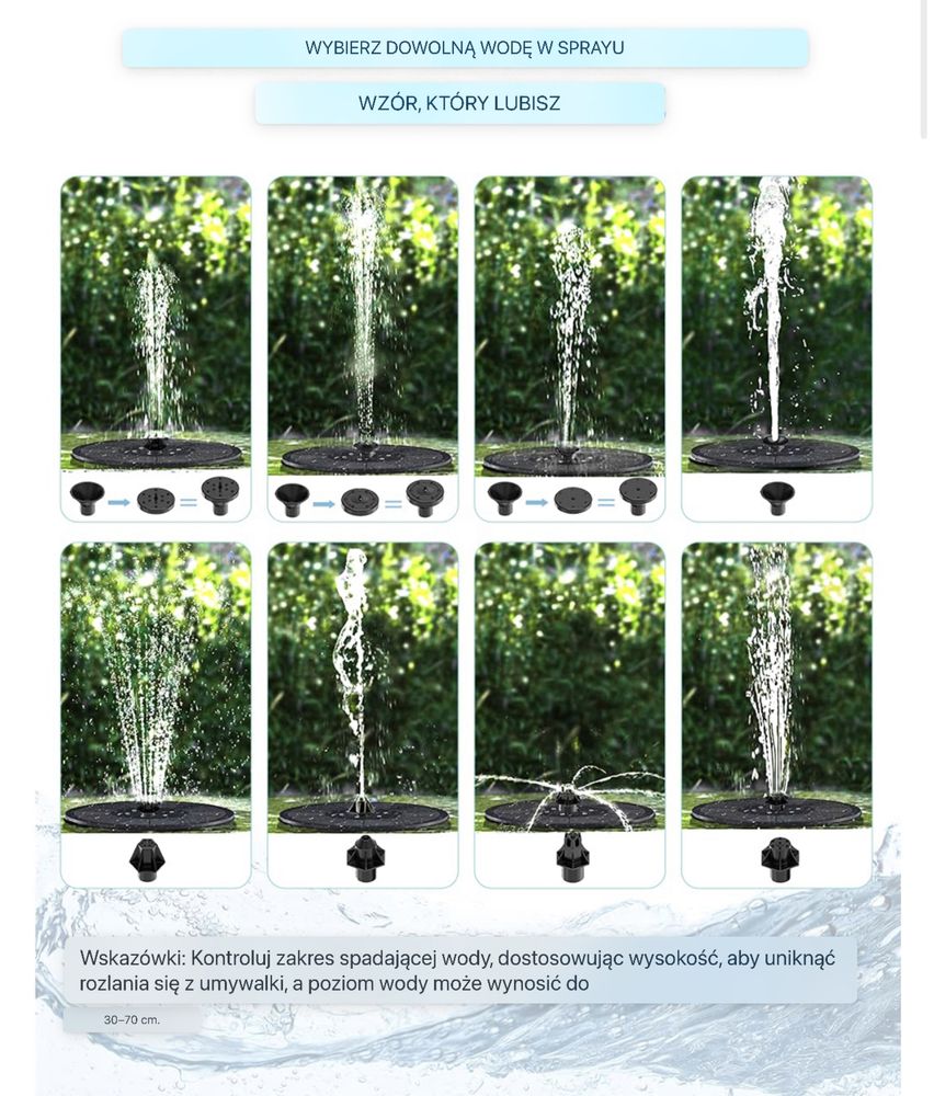 Fontanna solarna o mocy 3,5 W z 8 dyszami i 7 trybami świecenia