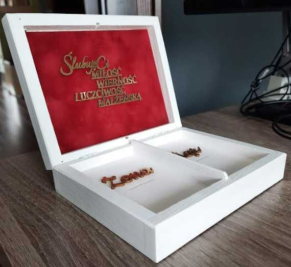 pudełko drewniane białe na koperty pudełko na obączki serca