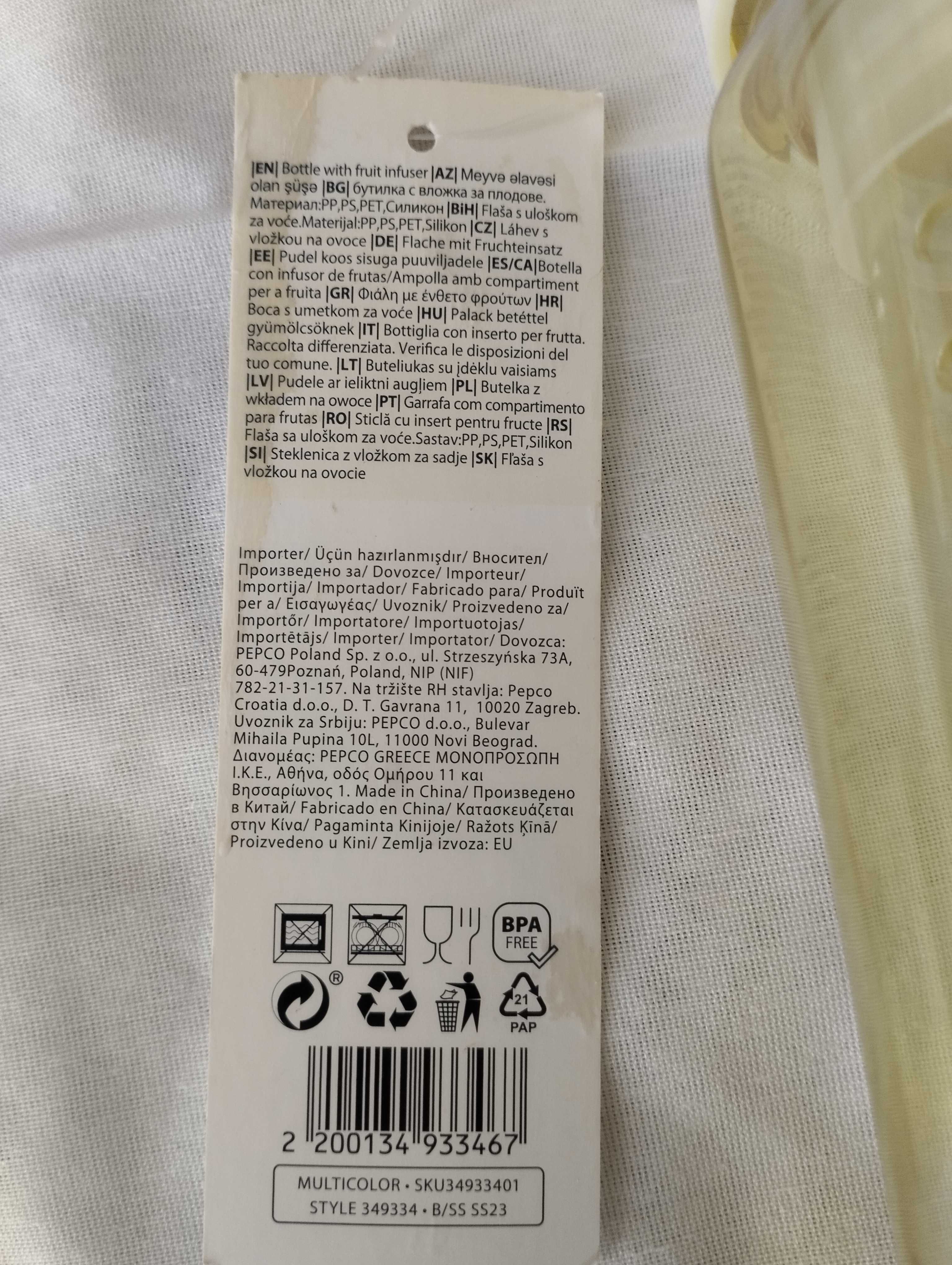 NOWA Butelka na wodę, żółty, 800 ml .  Bidon z infuserem 800 ml