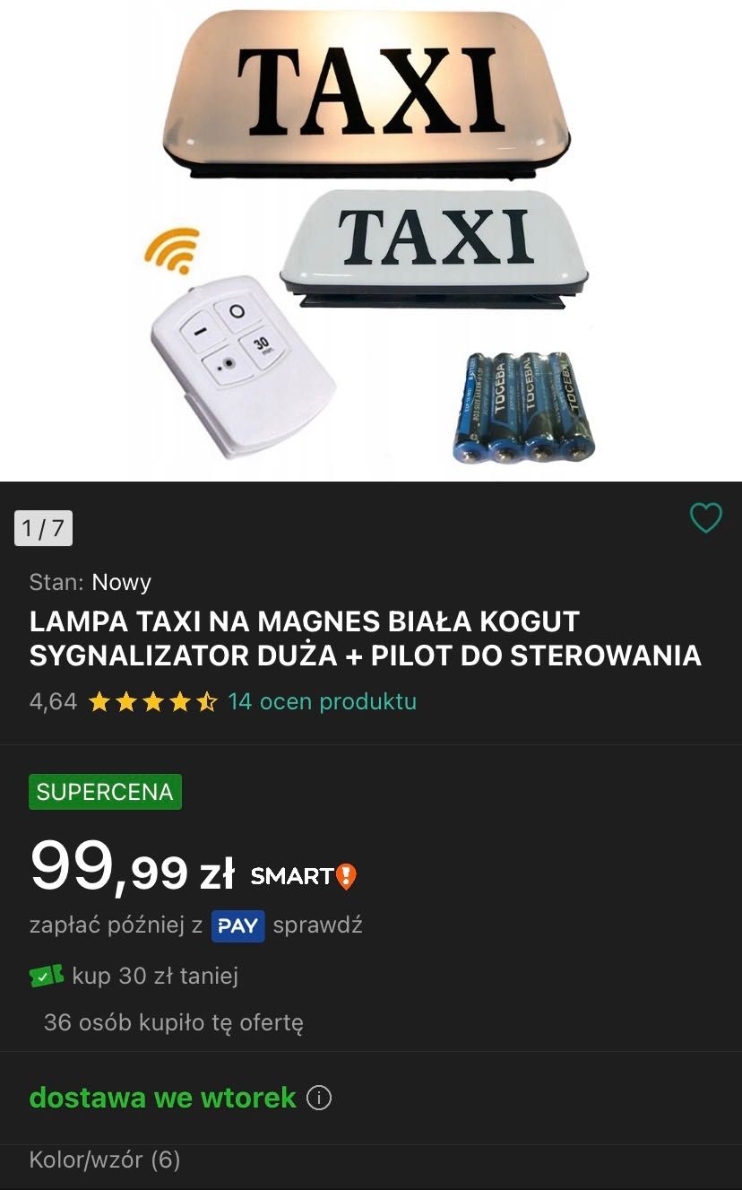 Lampa Taxi na magnes + pilot Nowa!