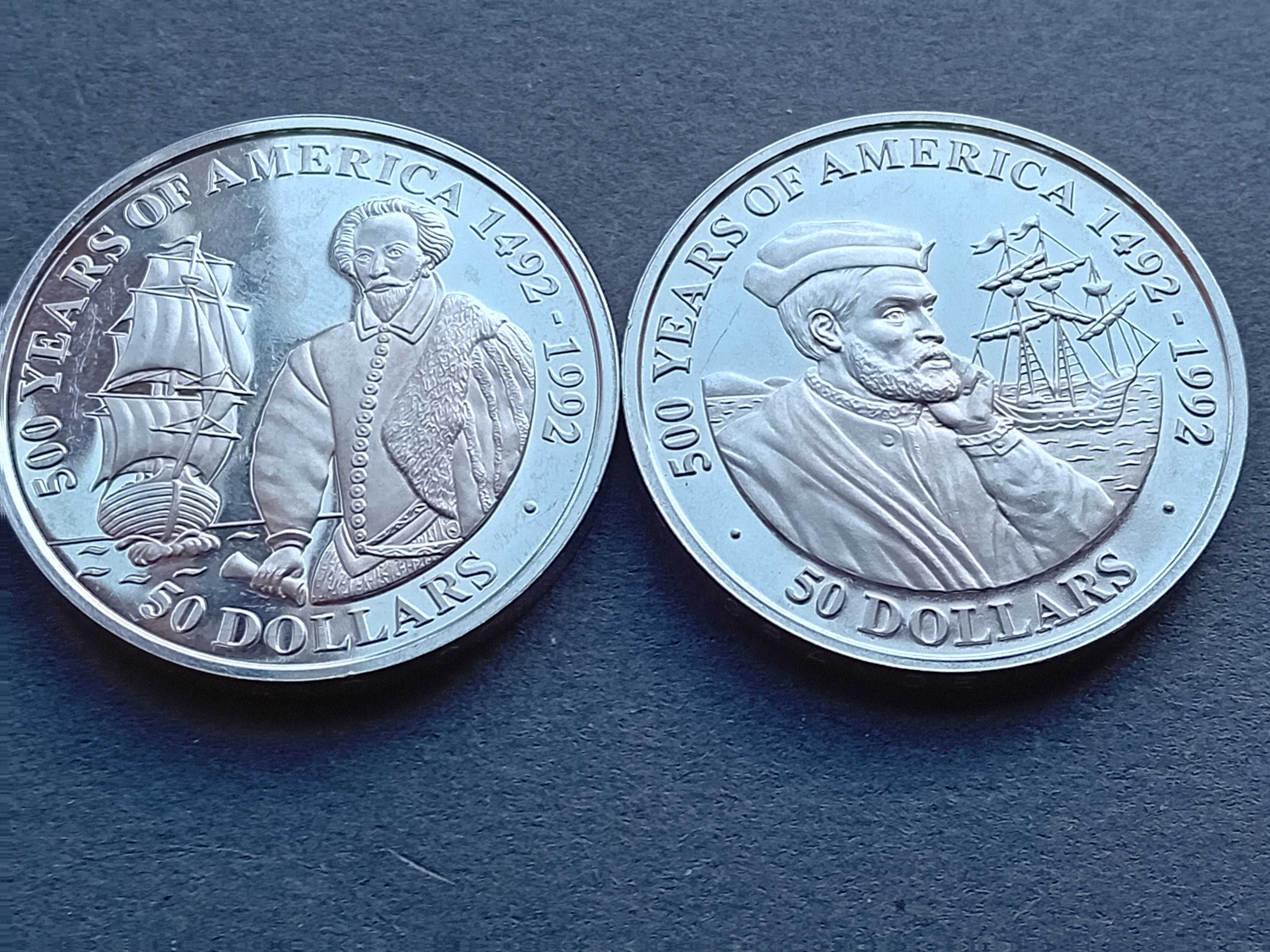 2 moedas 50 Dóllars 1992 prata 999,9 1 onça 500 anos da América