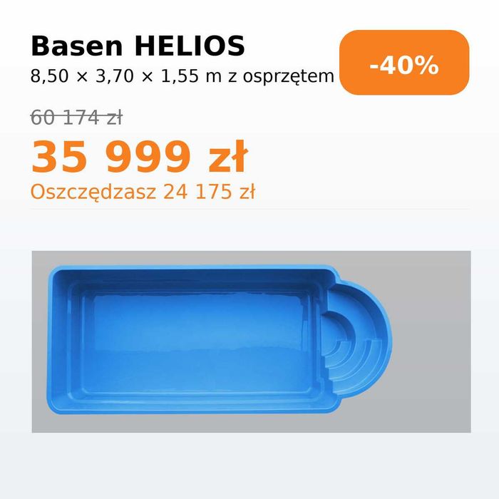 WYPRZEDAŻ Basen ogrodowy poliestrowy z laminatu 8.5x3,70x1,55 ZESTAW