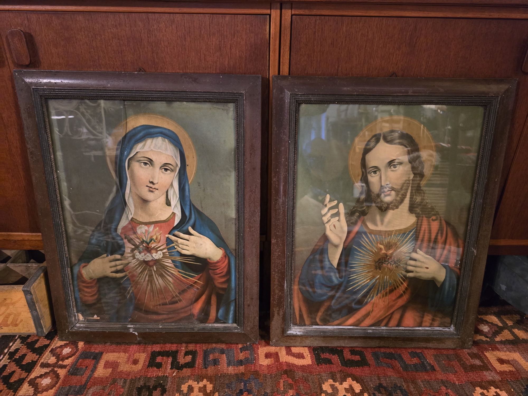 Stare oleodruki obrazy Serce Jezusa i Maryi - XIX wiek