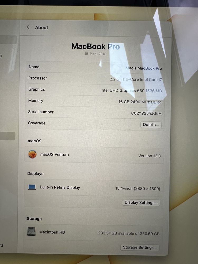 680$ MacBook Pro 15 2018 2,2GHz / i7 / 16 GB / 256gb SSD