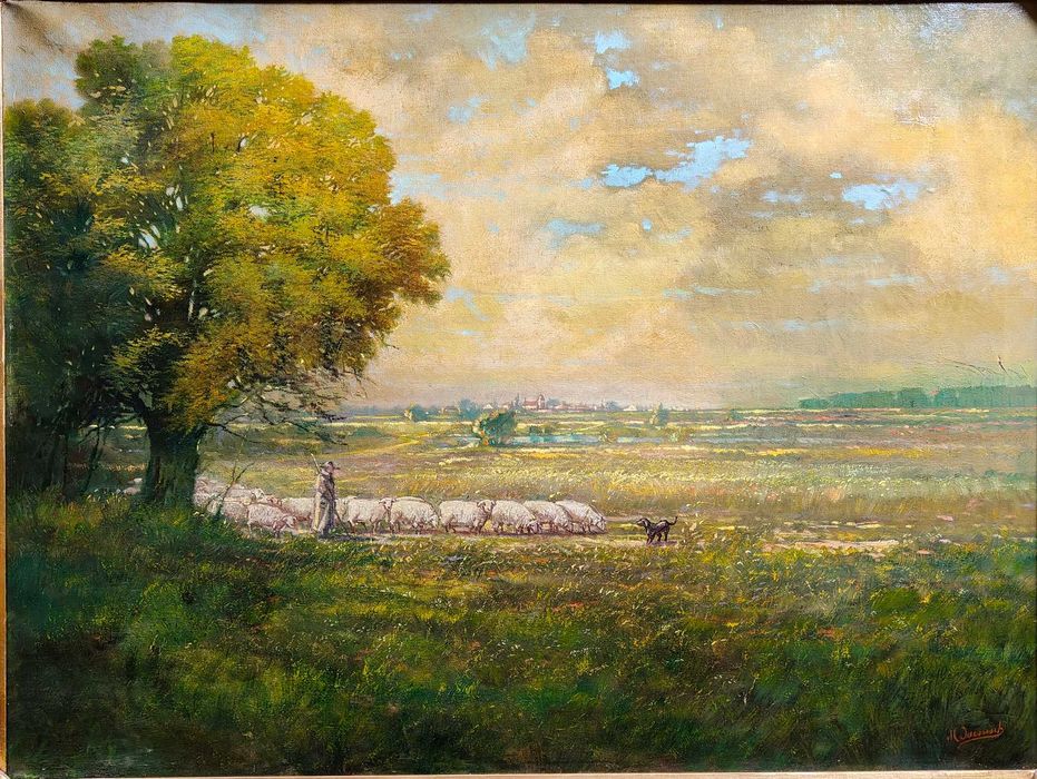 Obraz olejny, pasterz z owcami na polach, złocona rama