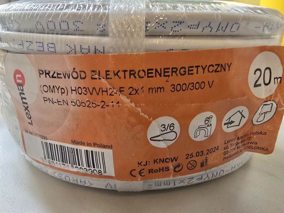 KABEL PRZEWÓD ELEKTRYCZNY 2x1 mm - 20M + wtyczka