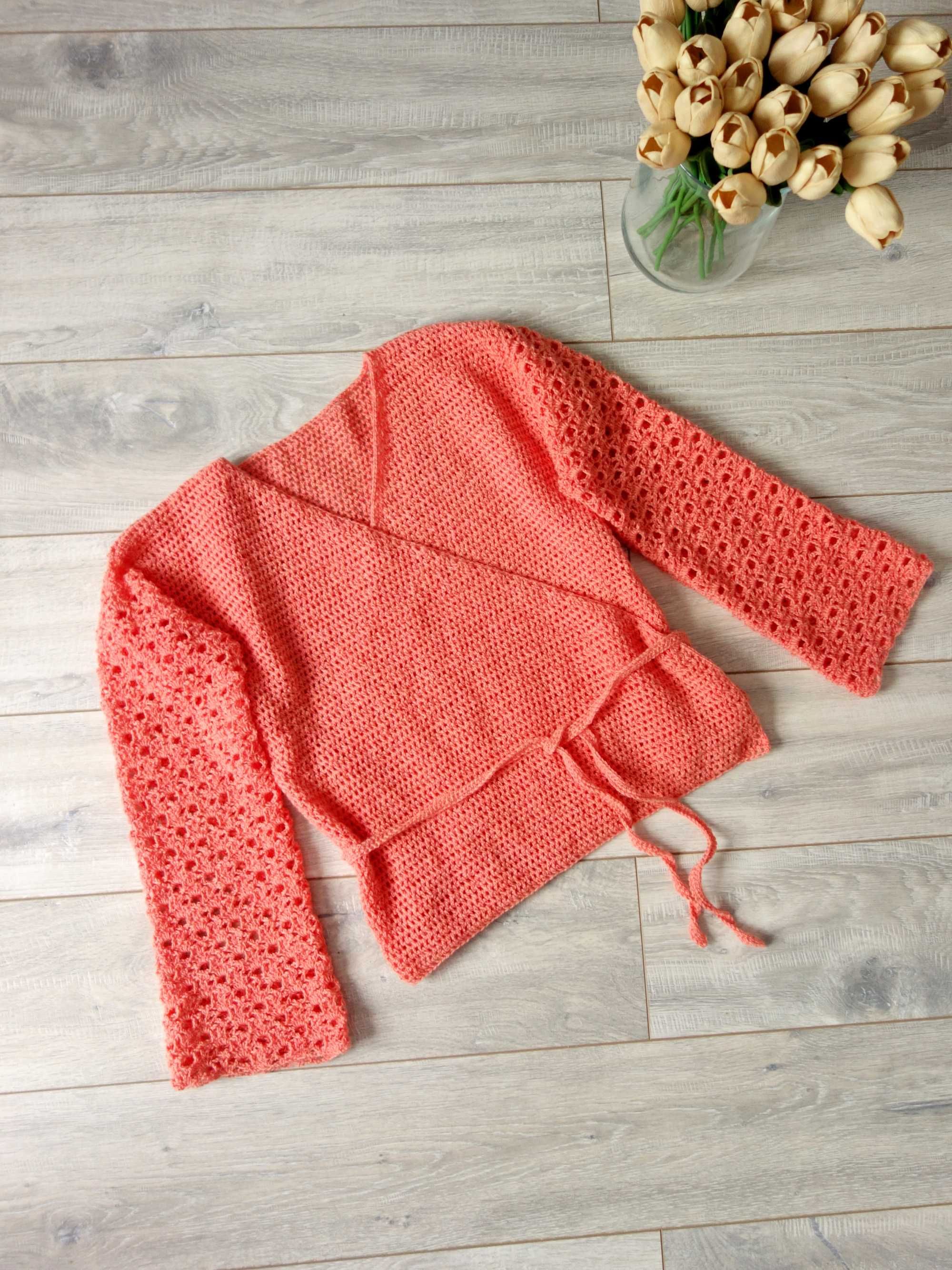 Nowy sweter szydełkowy kardigan wełniany handmade kopertowy wełna 38 M