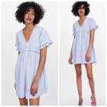ZARA S pasiasta naturalna niebeska sukienka babydoll