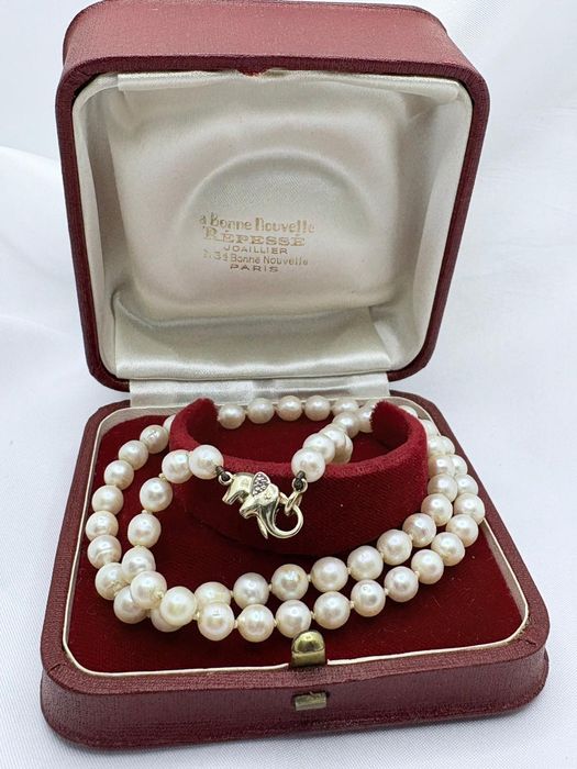 Retro naszyjnik z pereł naturalnych złote 14k zapięcie diamenty słonik