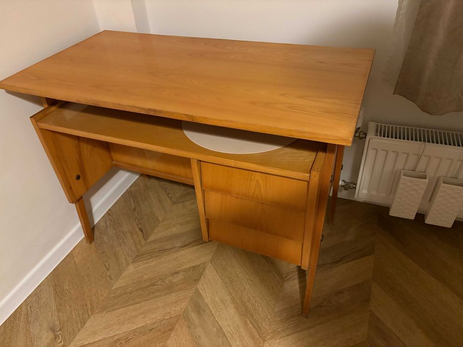 Biurko PRL jesionowe KRONOWO, fornir, vintage
