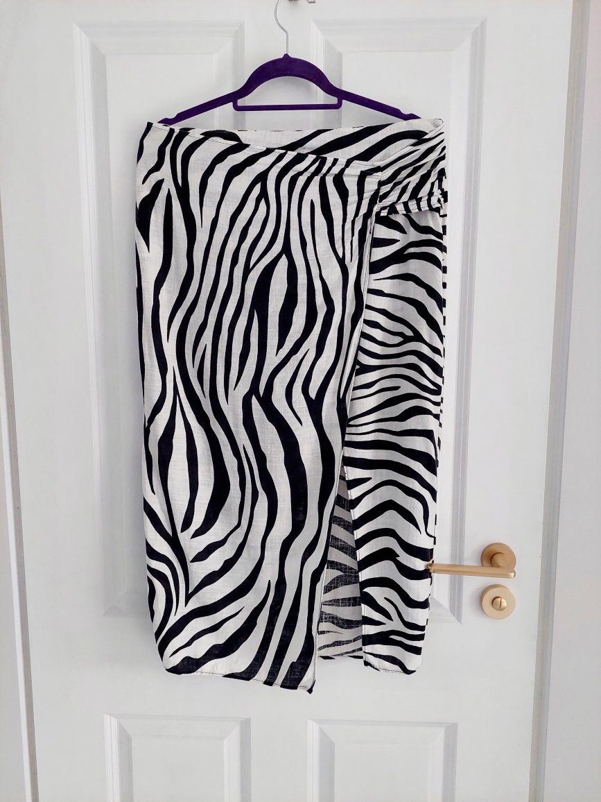 Zara spódnica midi w paski, zebra, animal print, wiskoza z lnem, r. L