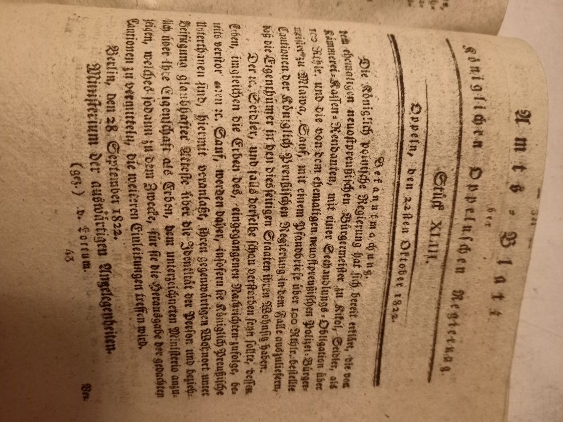"Amts Blatt" Oppeln 1822 Rejencja Opolska