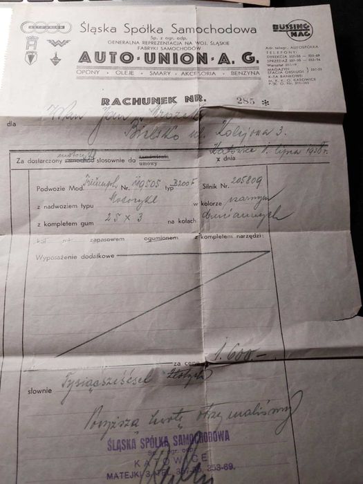 Motocykl Triumph 1938 - Stare Dokumenty zakupu, opłaty - Auto Union