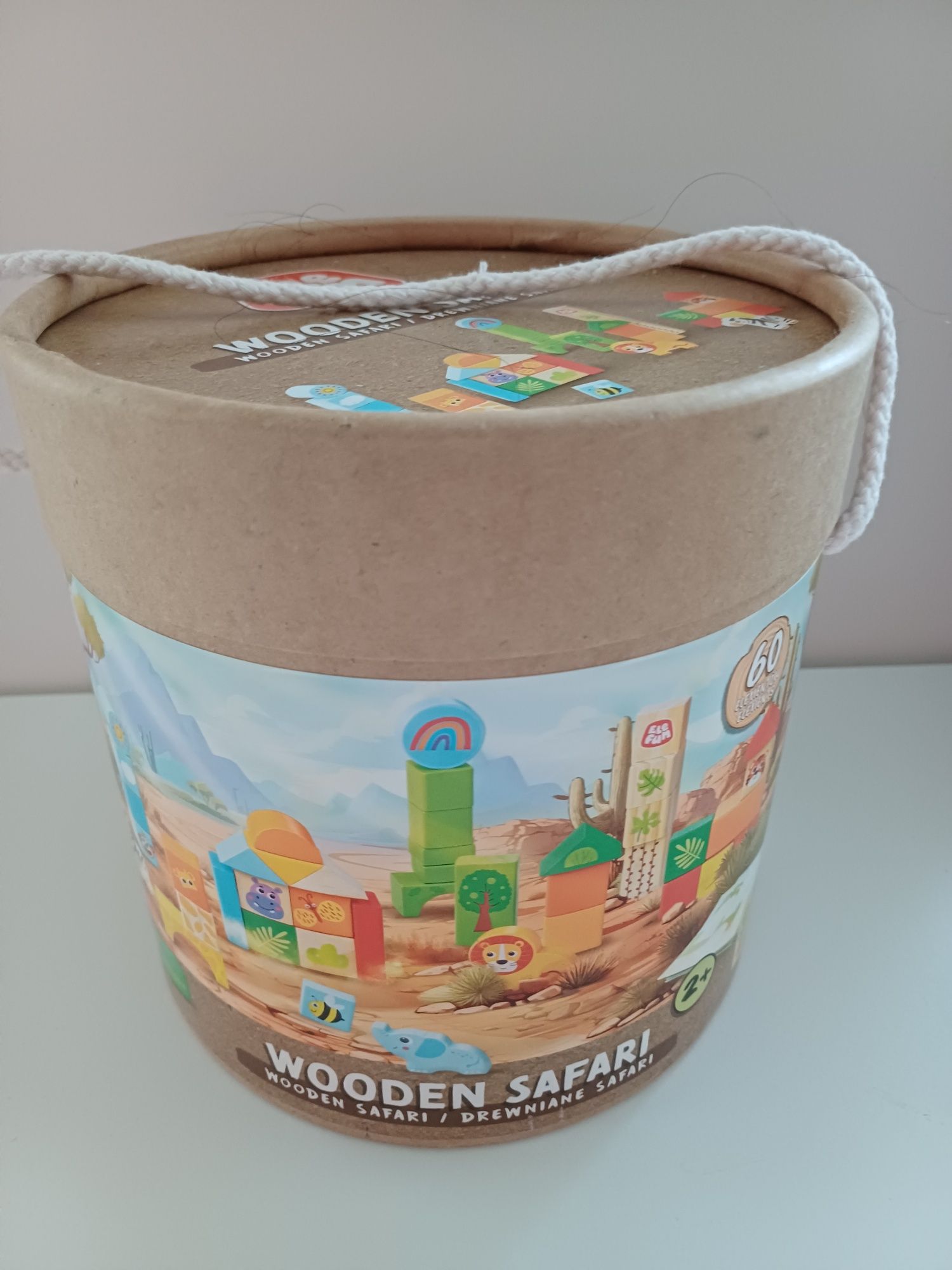 Klocki drewniane NOWE- Farma Elefun,  klocki w wiaderku