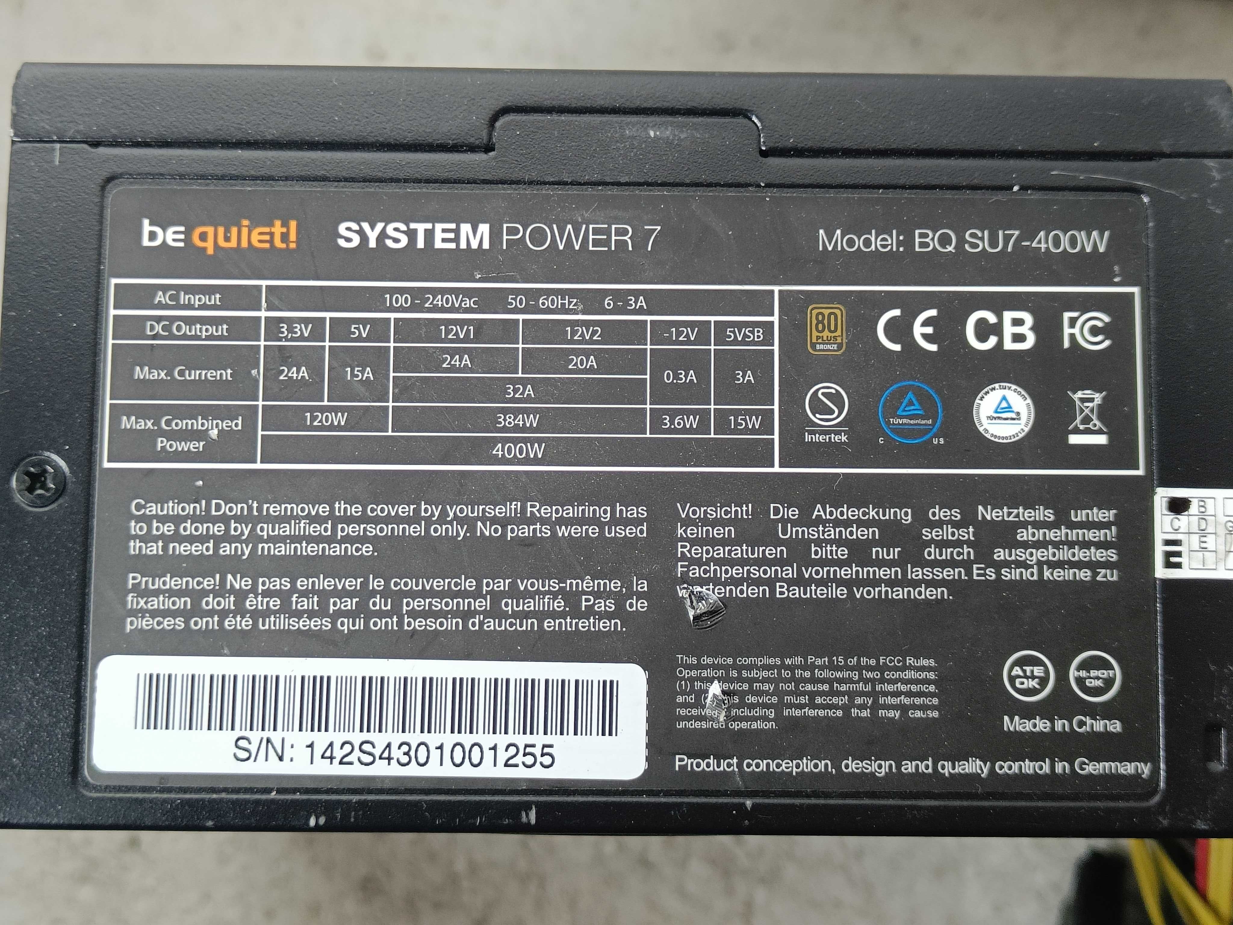 Блок живлення BeQuiet 400W 80 PLUS Bronze SYS POWER 7 SU-400W 8pin GPU