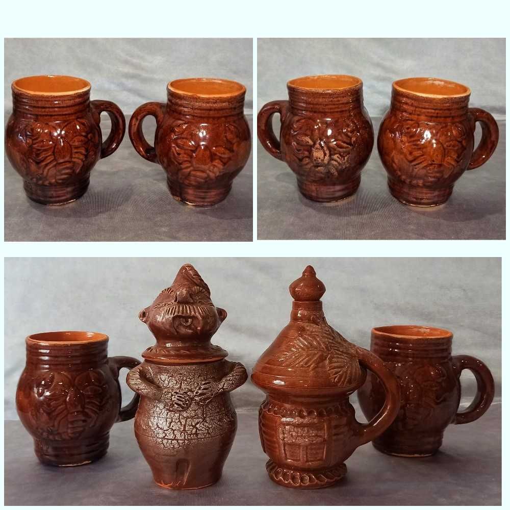 Глиняный набор, глиняные чашки, кружки. Глиняный графин и горшок.