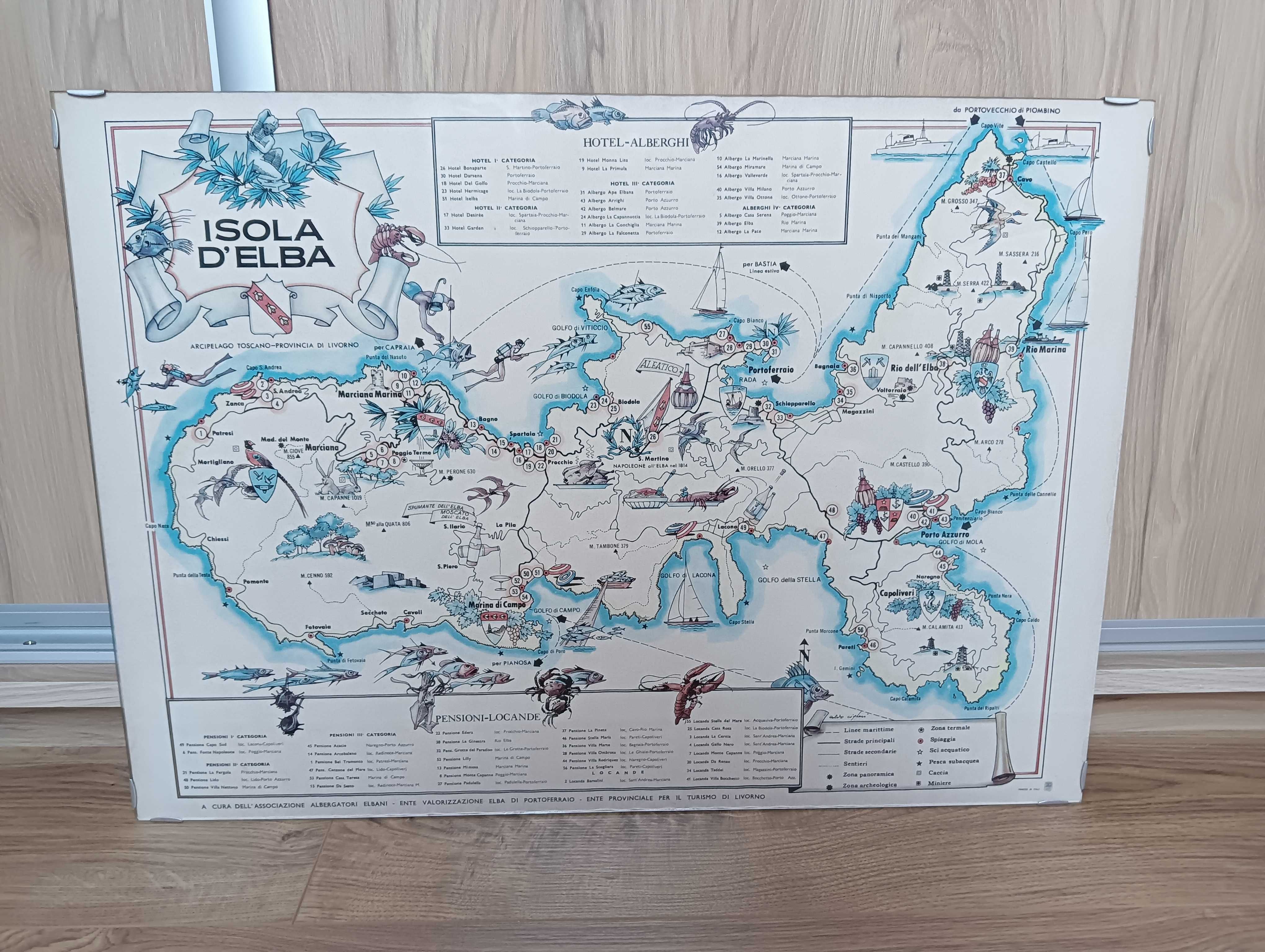 Stara mapa wyspy Elba Isola D'Elba Printed in Italy SAIGA Genova Retro
