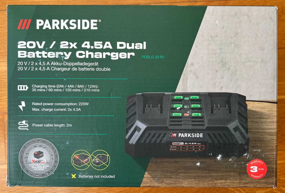 ZESTAW podwójna ładowarka Parkside PDSLG 220W + 2 szt. baterii PAP 4Ah