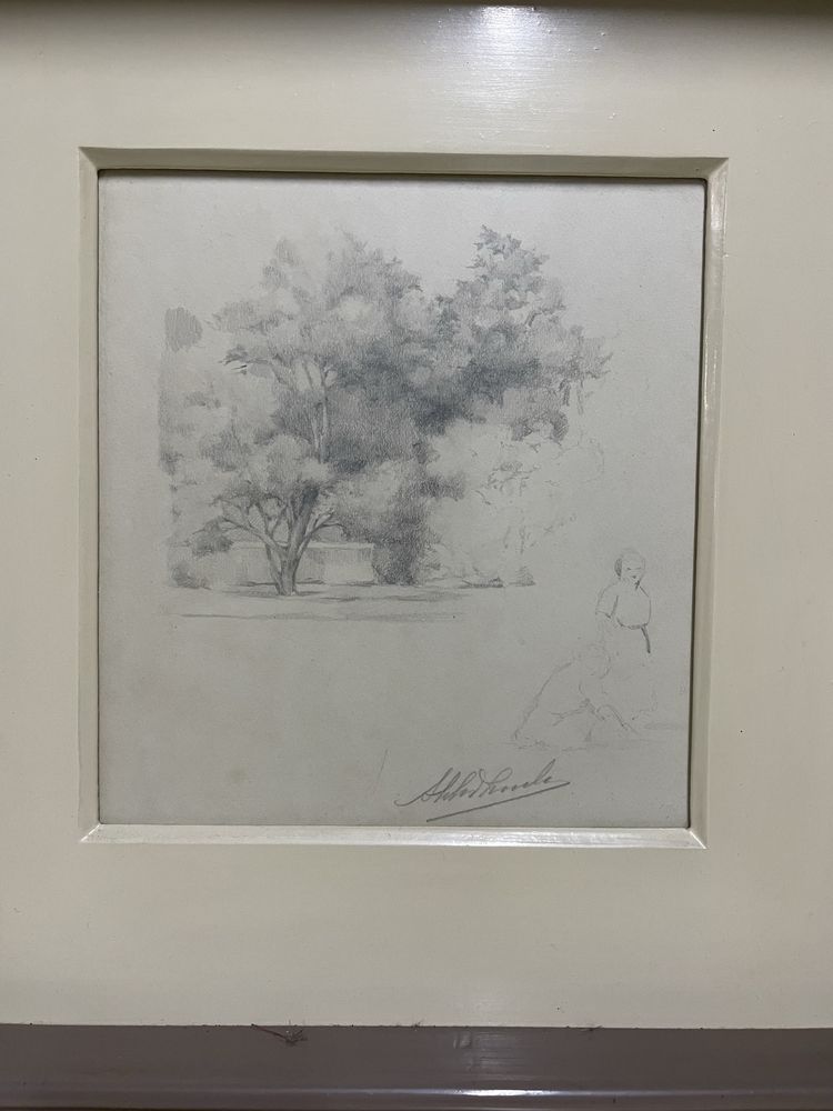 Desenho antigo assinado – árvore a grafite com moldura (obra original)