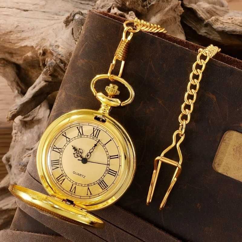 Kieszonkowy Zegarek Złoty - Klasyczny Otwierany - Vintage na Łańcuszku