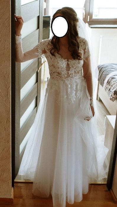 suknia ślubna, koronka, tiul, brokat, biała, długi rękaw