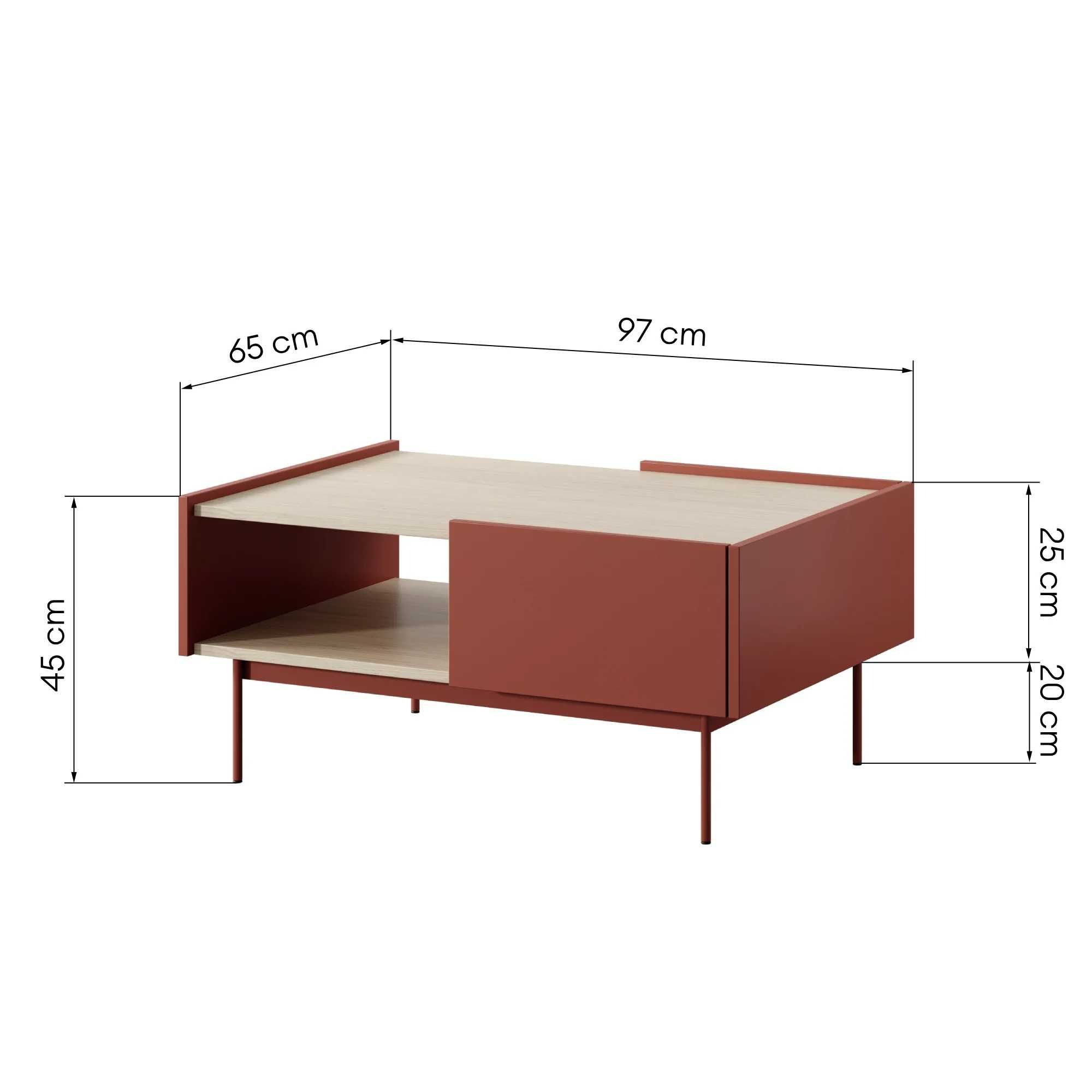 zz1401 - Stolik kawowy z szufladami Color ceglasty, dąb linea