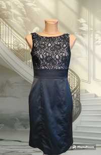 (S/36) Czarna, elegancka sukienka midi z koronką w górnej części