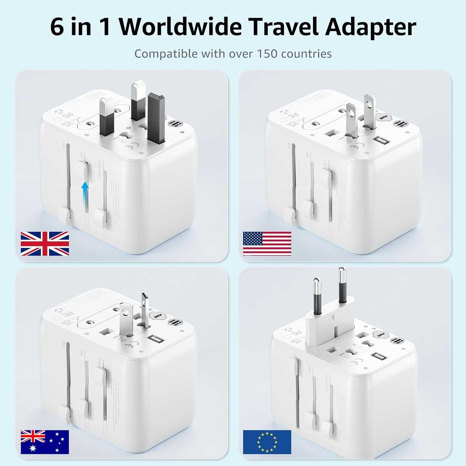 Adapter podróżny na cały świat z USB C usb szybkie ładowanie
