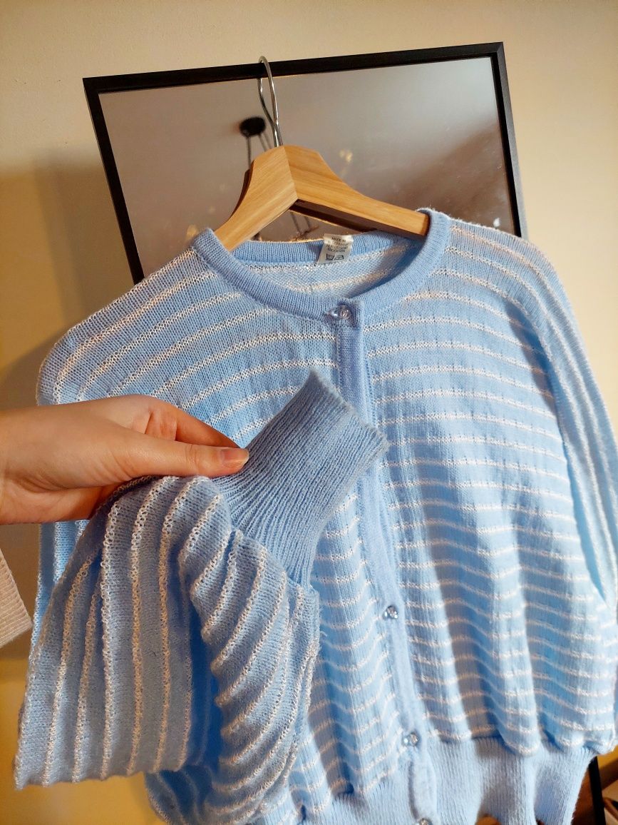 Vintage sweter kardigan błękitny biały paski nietoperzowy krój