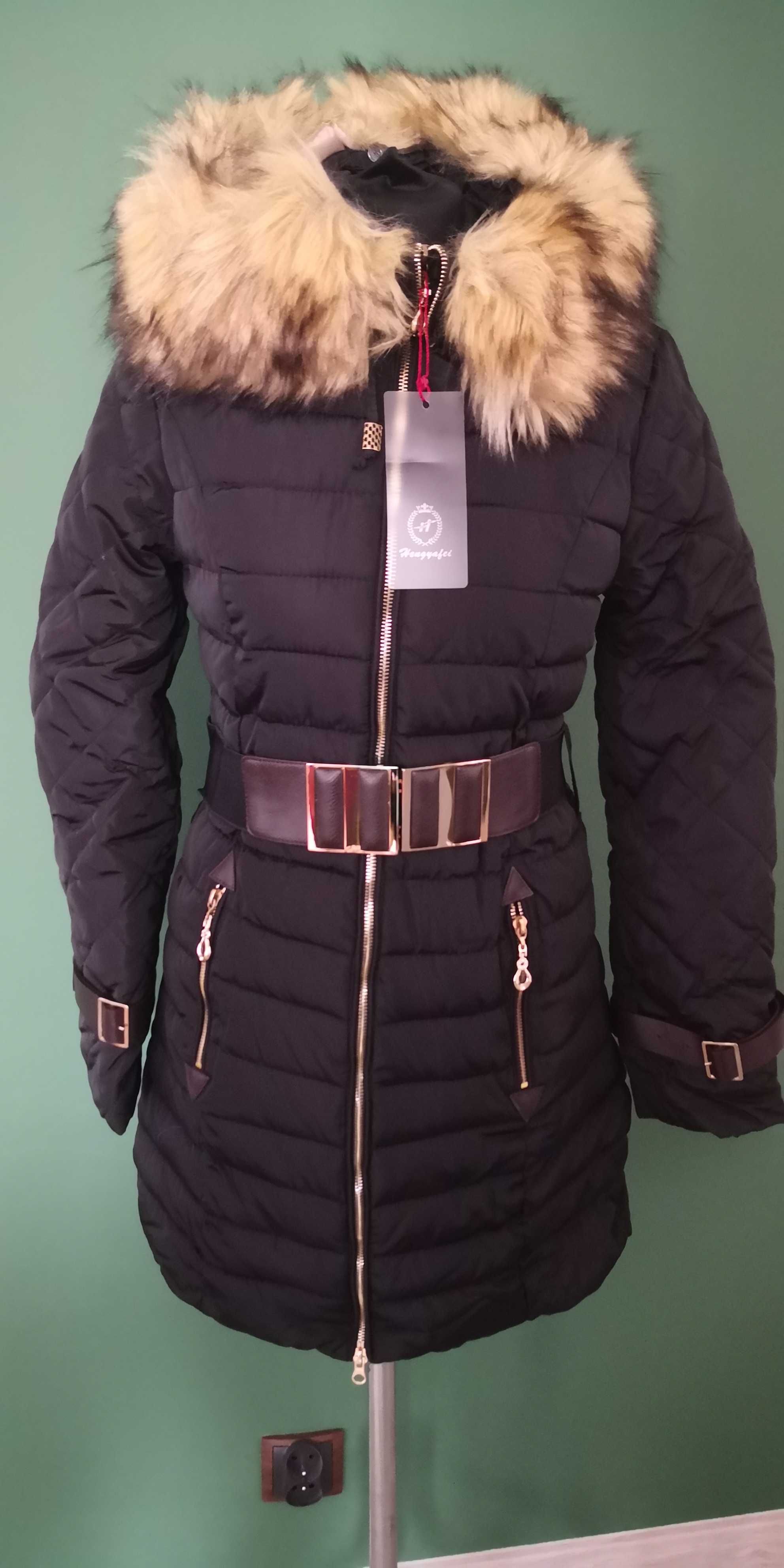 Nowa kurtka ciepła futro kaptur klasyczna piękny model +pasek