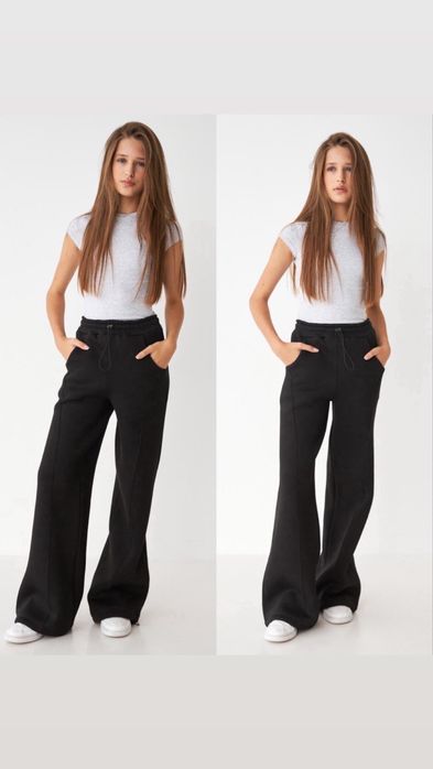 Штани широкі теплі на флісі палаццо чорні 10 11 12 13 14 15 років