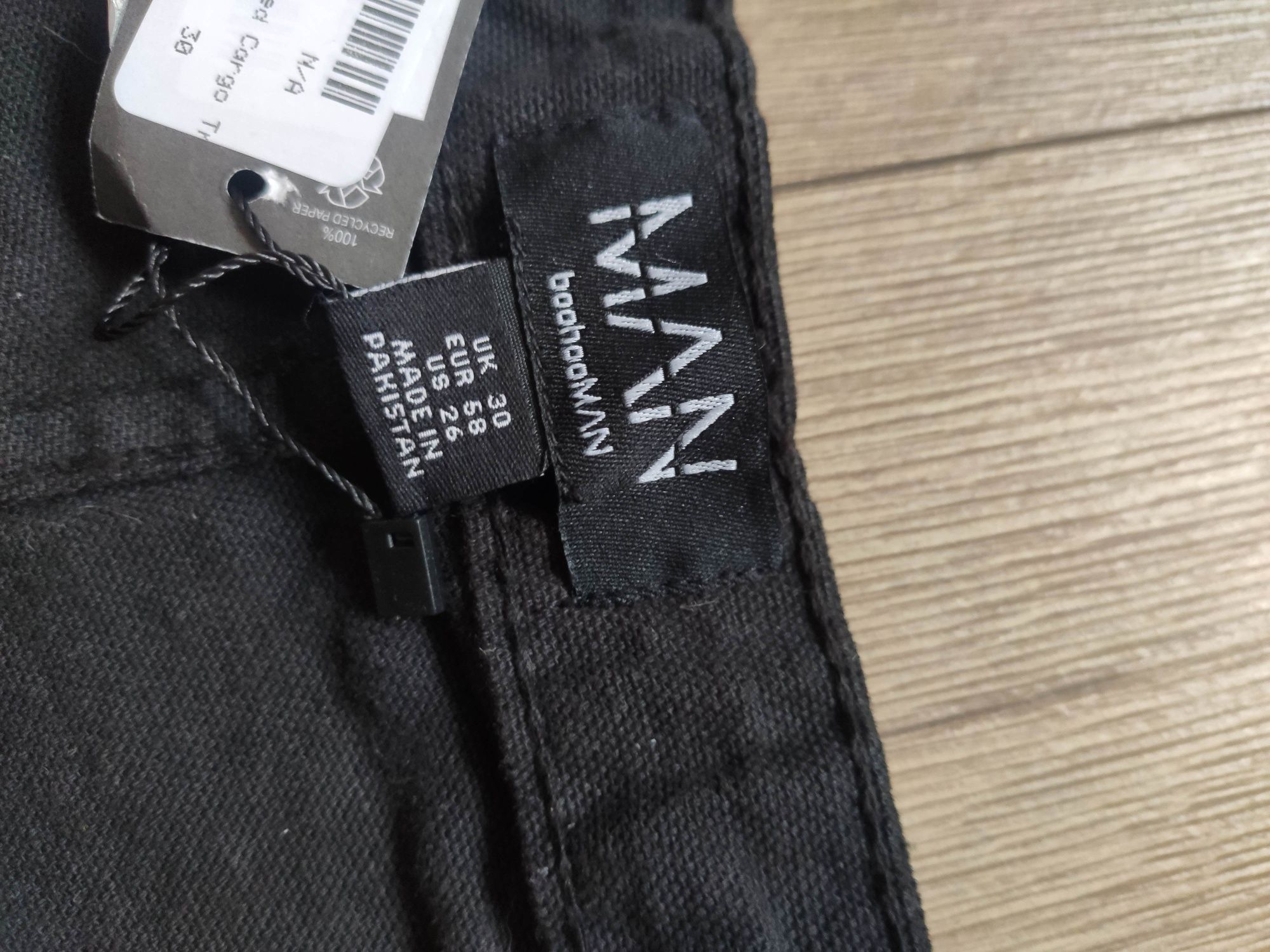 Nowe męskie spodnie cargo czarne boohooMAN z metkami dżinsy S M modne