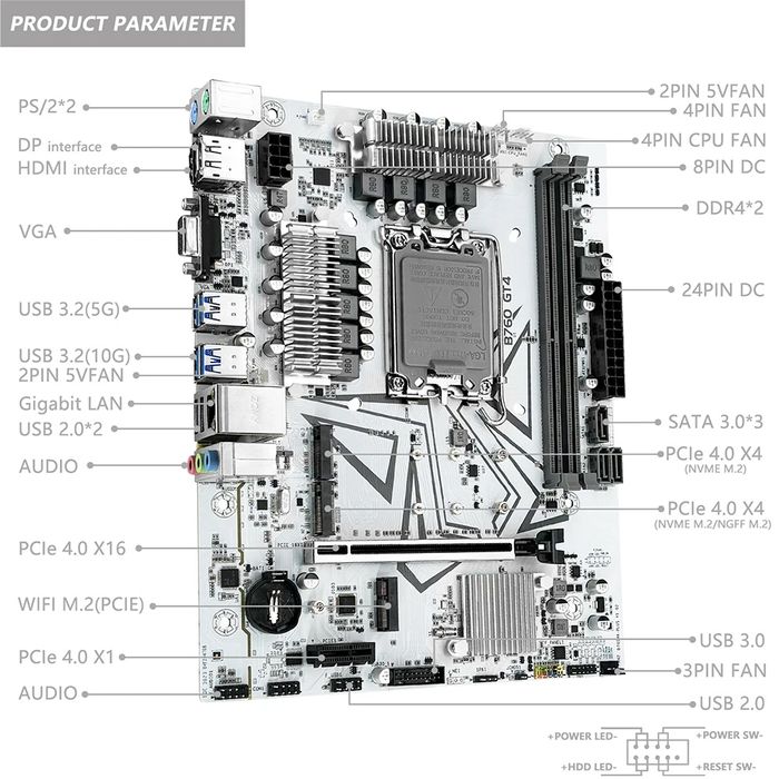 Материнська плата Machinist B760 GT4 | LGA 1700, DDR4, M.2, mATX, біла