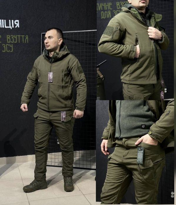 Костюм на флисе софтшел черный, куртка и штаны военная форма Львов.