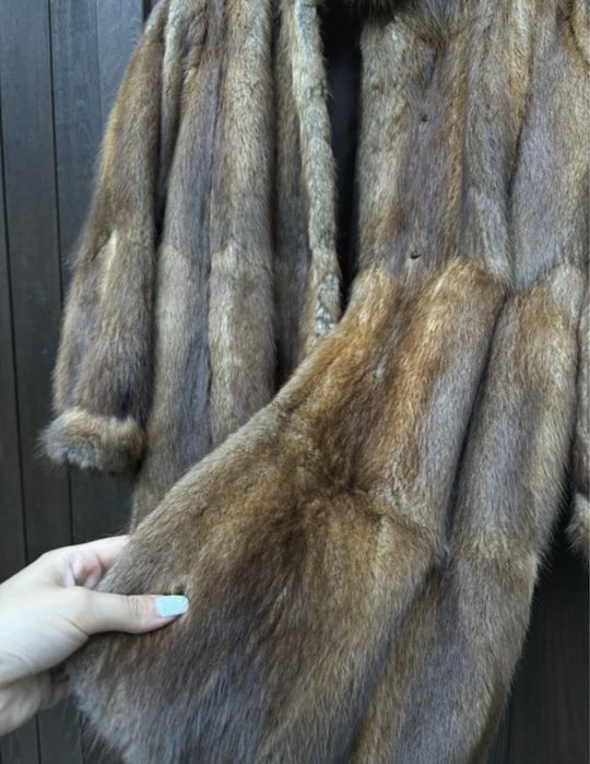 Prawdziwe futro z norek płaszcz brązowy długi